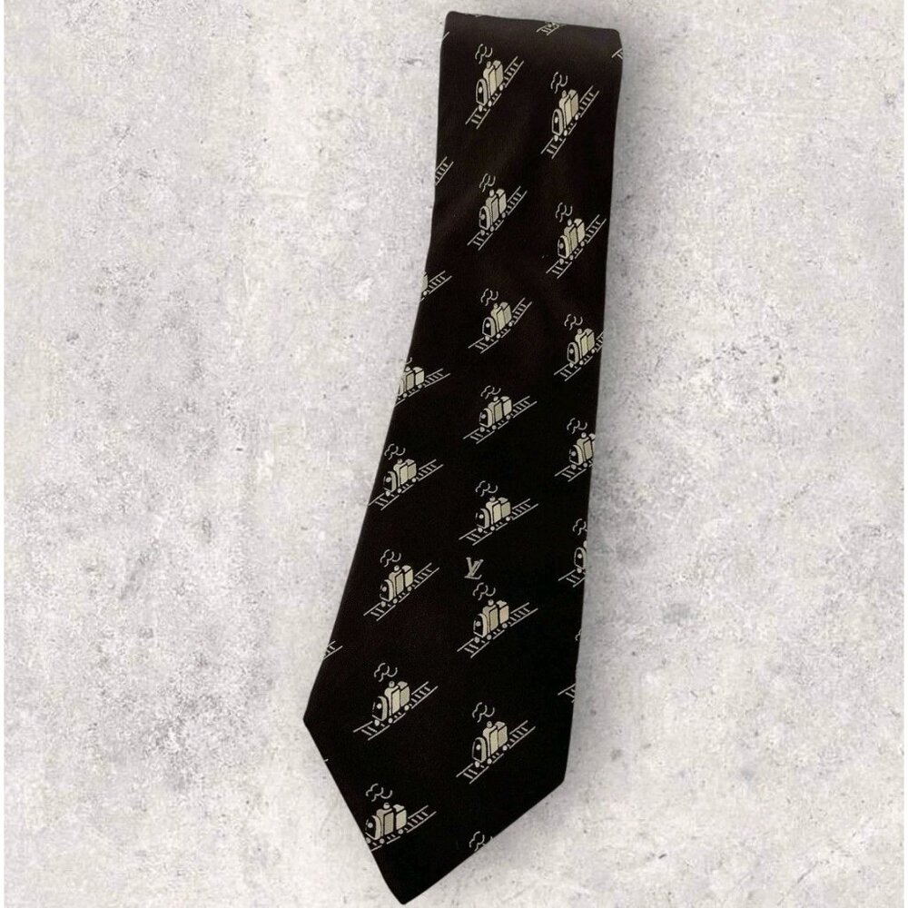 LOUIS VUITTON VINTAGE RARE Silk Tie ITALY Brown Beige Train Logo LV W:3.5" EUC - Picture 1 of 5